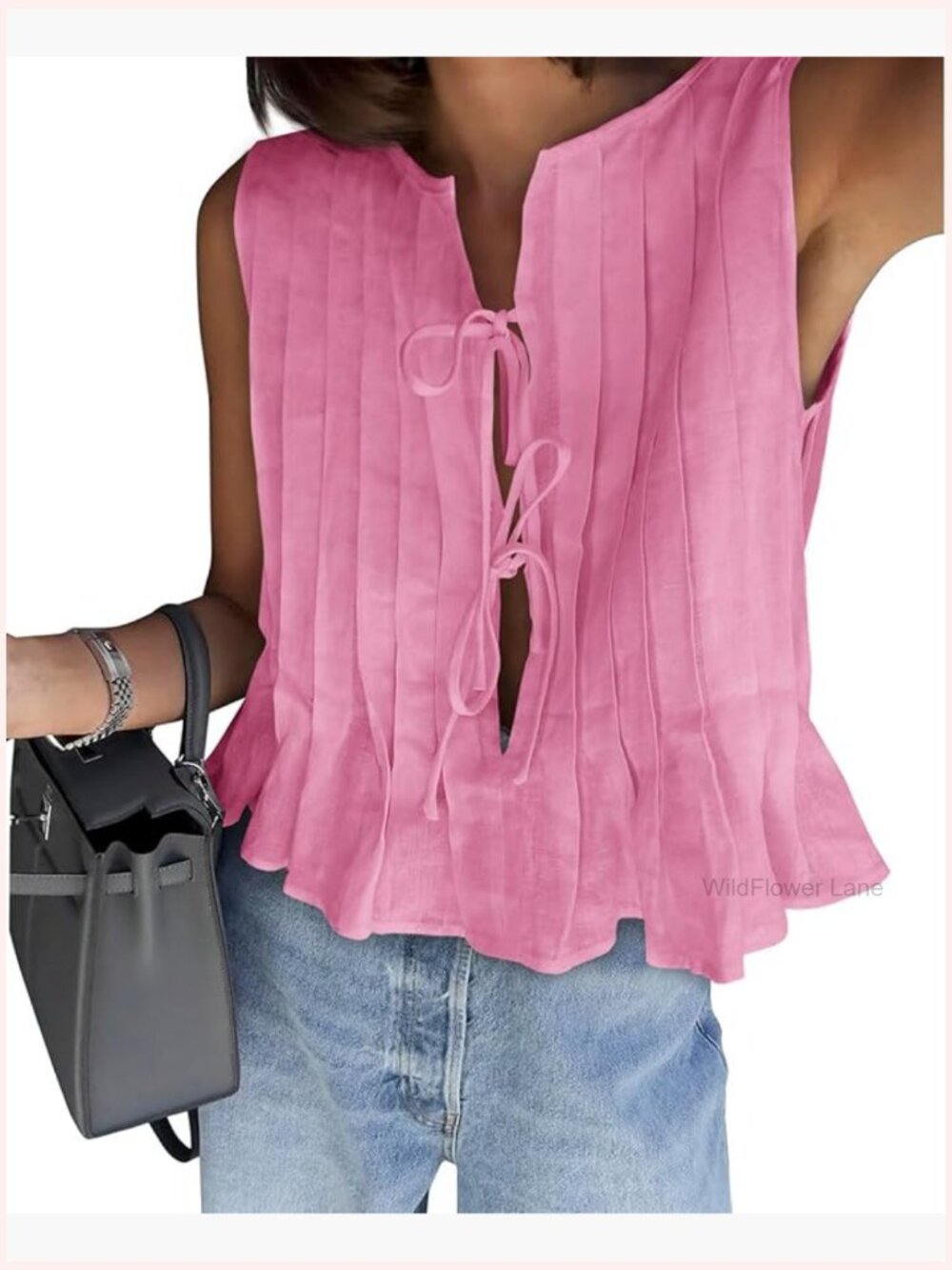 Bow Front Tie Tank Top Pleated Babydoll Sleeveless Cute Coquette Summer Outfit